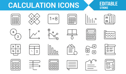 Fototapeta premium Icons for calculation and data analysis, including calculators, graphs, and financial tools.