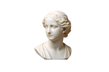 Classical marble bust with elegant hairstyle, draped clothing, feminine features and grace, isolated on a transparent background