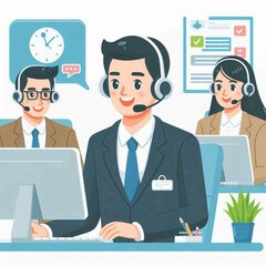 Three customer support agents with headsets work at computers in a bright office setting