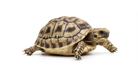 Naklejka premium Petite tortue avance lentement fond blanc lumiere douce. AI Generated