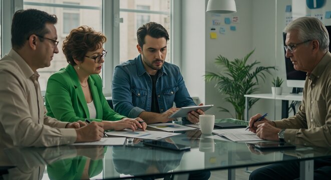 Diverse Business Team Collaborating on Project, Analyzing Data on Tablet and Documents in Modern Office