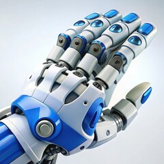 Advanced robotic hand with blue and white accents isolated on white background