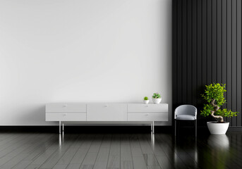 Modern Minimalist Living Room Interior with White Sideboard and Indoor Plants