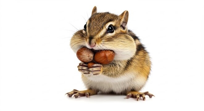 Adorable petit ecureuil gourmand mange noisettes fond blanc lumi&egrave;re douce. AI Generated