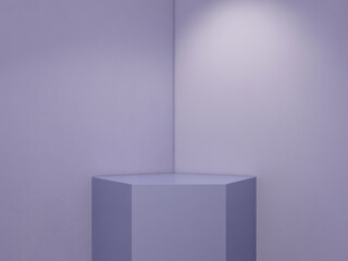 A minimalistic 3D rendering featuring pastel-colored geometric hexagonal platforms stacked on a pink background.