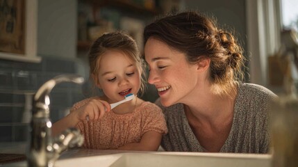 Mother Brushing Daughter’s Teeth at Bathroom Sink