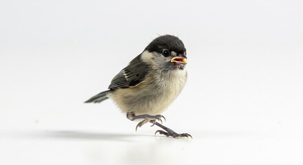 Petit oiseau mignon mange graine fond blanc lumière douce. AI Generated