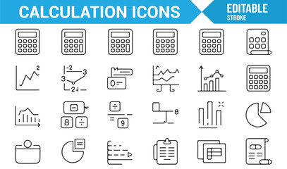 Business and finance-related icons in line art style, featuring calculators, graphs, and charts.