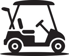Black silhouette of golf cart icon on white background.