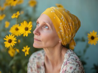 Portrait of a brave woman with cancer wearing a yellow headscarf, surrounded by flowers. Symbol of resilience, hope, and strength during chemotherapy and healing journey.