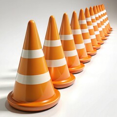 A row of orange traffic cones with white stripes isolated on white background