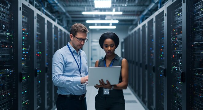 Two Diverse IT Professionals Collaborate on a Laptop in a Modern Server Room Data Center