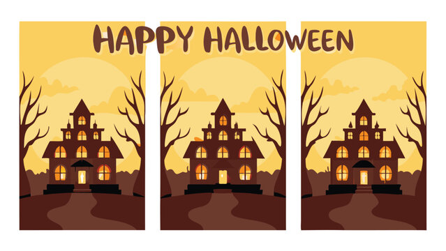 Illustrative halloween scene featuring haunted house and happy halloween text in triplicate design