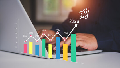 Bar line chart forecast. Business growth and future target trend analysis. Data performance, AI...