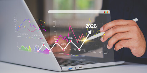 Business growth and future target trend analysis. Bar line chart forecast, Data performance, AI...