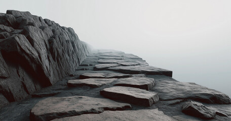 Stone Stairway Ascending Lush Green Hill in Fog natural background