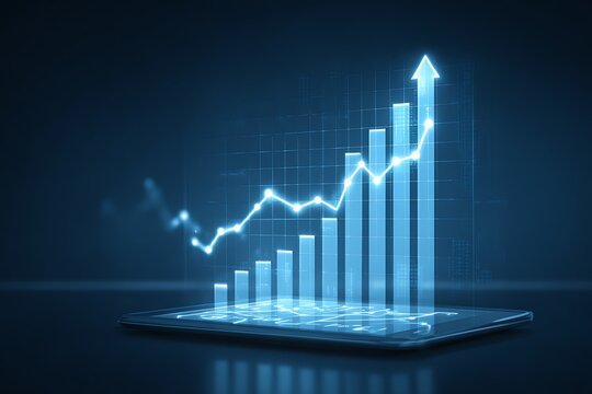 Illustration of business financial stock market data analysis graph chart with arrow going up