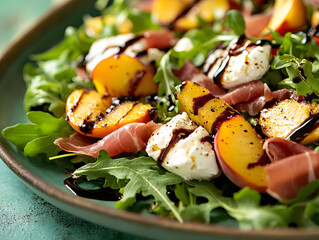 Grilled peach and prosciutto salad with mozzarella and arugula