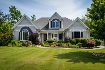 Obraz premium Large family house with well kept lawn and garden on a sunny summer day