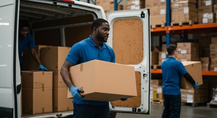 Three Diverse Warehouse Workers Loading Cardboard Boxes into a Delivery Van, Teamwork, Logistics, Distribution Center