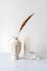 Still life photography of face vase with pampas grass minimalist home decor aesthetic beige tones