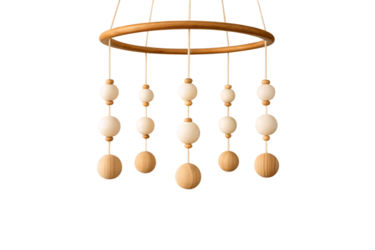 Wooden baby mobile with cream and natural wood beads hanging from circular frame, isolated on a transparent background
