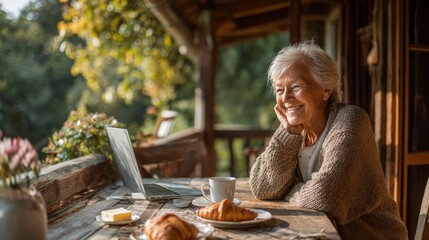 A old woman having breakfast on the terrace of a countryside house