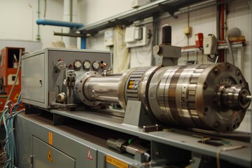 Close up of an industrial extruder machine operating, showcasing its complex components and highlighting the manufacturing process