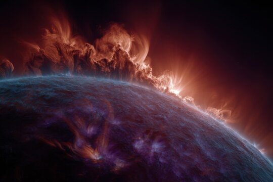 Solar flares burst from the sun’s surface, illuminating the surrounding atmosphere in vibrant colors during a stunning cosmic event