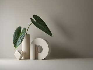 Stock photo of minimalist still life with green leaf plant and geometric shapes in neutral tones