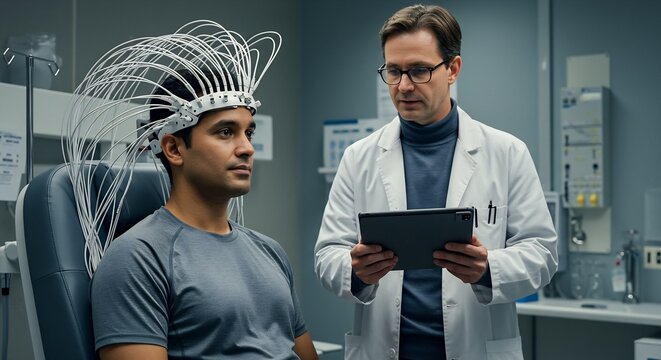 Male Patient Undergoing Brainwave Monitoring with EEG Headcap, Doctor Reviewing Data on Tablet in Medical Laboratory