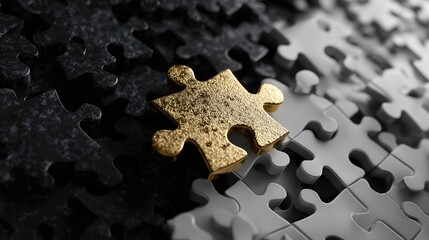 Gold puzzle piece in a sea of black and white pieces