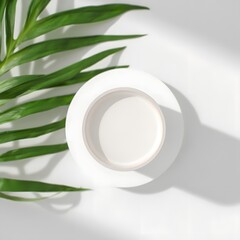 White product background with palm leaf for cosmetic skincare beauty product display mock up