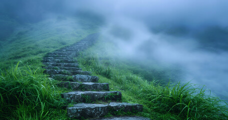 Stone Stairway Ascending Lush Green Hill in Fog natural background