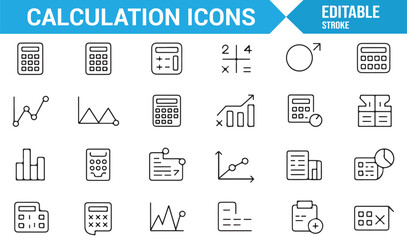 Icon set of digital calculation tools, including calculators and charts for finance and statistics.