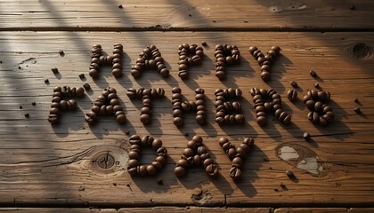 Coffee beans arranged to spell "Happy Father's Day" on a wooden surface