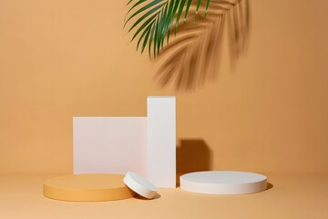 Product display podiums with palm leaf shadow on beige background for cosmetic advertising