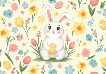 Obraz premium Bunny Bloom – Springtime Easter Celebration with Festive Flowers and Eggs