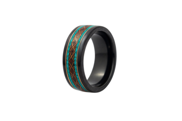 Black ring featuring turquoise inlay with intricate diamond lattice pattern and wood accents throughout design, isolated on a transparent background