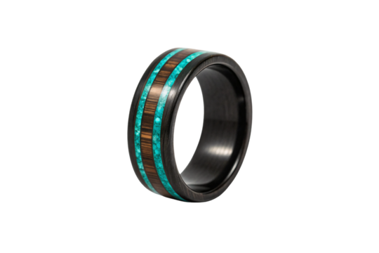 Black tungsten ring with turquoise and wood inlay stripes creating geometric pattern around band, isolated on a transparent background - Powered by Adobe