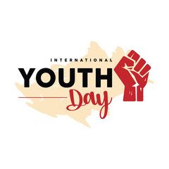 International Youth Day typography logotype design featuring a powerful raised fist symbol on a beige background. A bold graphic representing strength, unity, and celebration