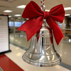 Shiny silver bell with a red bow, festive decoration, perfect for celebration or holiday themes.