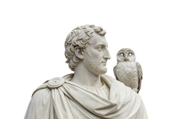 Obraz premium Classical marble bust of bearded man with owl perched on shoulder, isolated on a transparent background