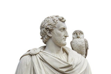 Classical marble bust of bearded man with owl perched on shoulder, isolated on a transparent background