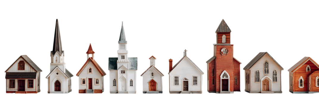 A row of diverse miniature houses showcasing various architectural styles against a white background