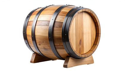 Wooden Barrel with Black Metal Bands on White Background