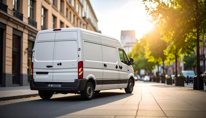 White Delivery Van Parked on a City Street at Sunrise