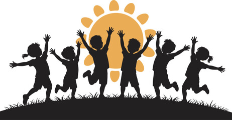 Diverse group of happy children silhouettes jumping and celebrating under the sun