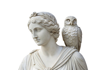 Obraz premium Classical marble bust of woman with owl perched on shoulder, isolated on a transparent background