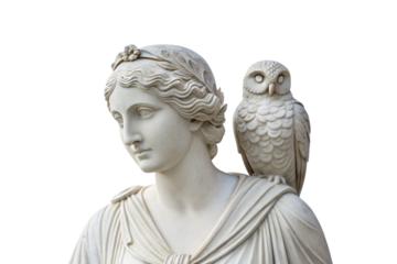 Classical marble bust of woman with owl perched on shoulder, isolated on a transparent background